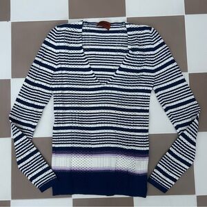 Missoni Navy and White Striped V Neck Perforated Sweater Size Medium